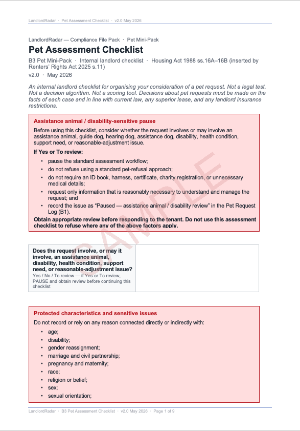 Pet Assessment Checklist — Page 1 sample