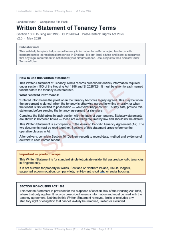 Written Statement of Tenancy Terms — Page 1 sample